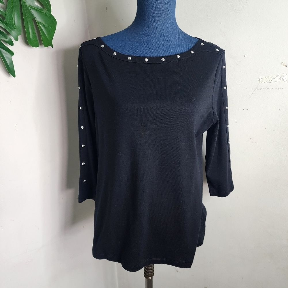Karen Scott Black Knit Boatneck Top with Silver Studs